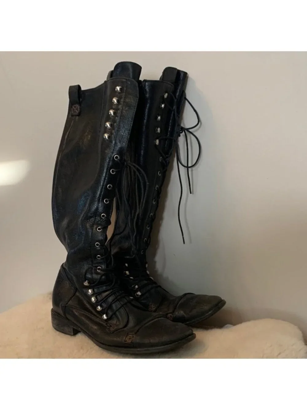 Charles David Knee High Tall Black Leather Lace-Up Boots 7